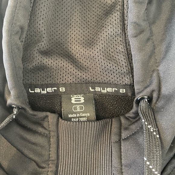 Layer 8 black with white stripes on arm Mens size small fleece lined hoodie - Picture 4 of 8